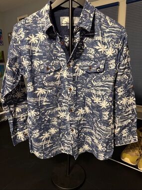 Blue & White Palm-Print Boys Button Shirt